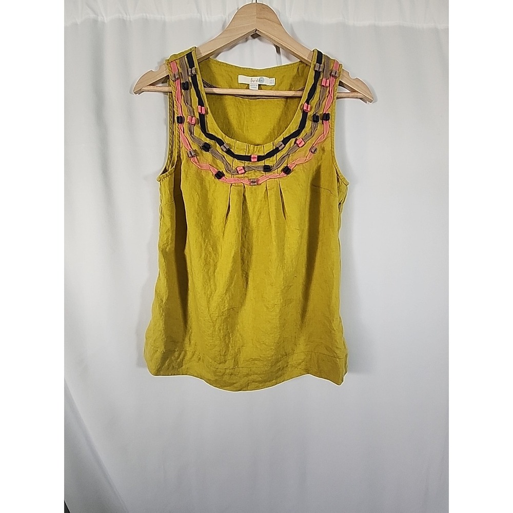 Boden Linen Ribbon Embroidered Sleeveless Top Pleated Yellow Chartreuse Women 6‎